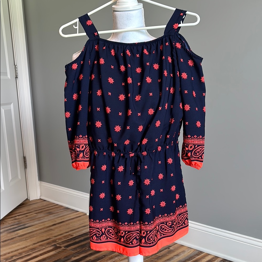Navy and Neon Coral Floral Kids Romper size XL